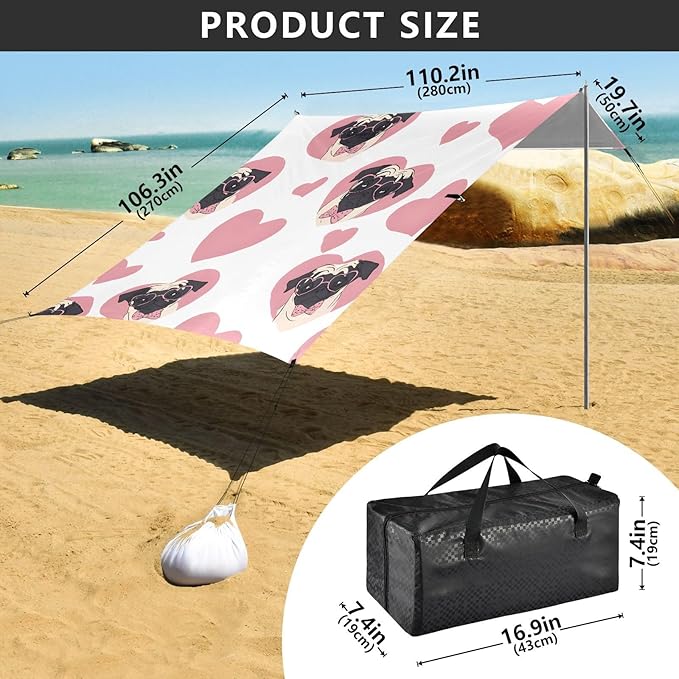 ALAZA Pink Dog Heart Pattern Beach Tent Sun Shelter Portable Canopy Sunshade for Outdoor Camping Picnics Backyard Fun 10x9 ft