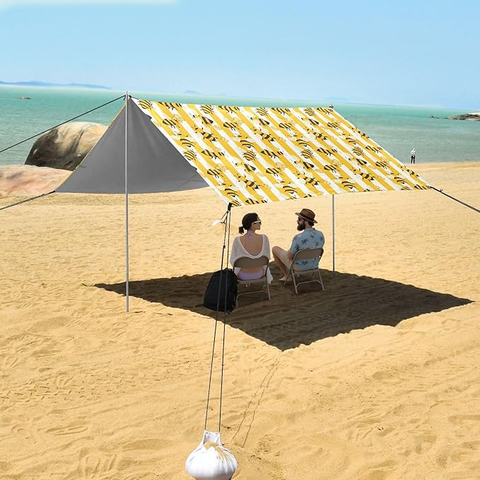 ALAZA Bee Honeycomb Stripe Beach Tent Sun Shelter UPF50+ Protection Beach Shade Canopy w/ 4 Sandbags for Outdoor Camping Fishing Backyard Fun Picnic 10x9 ft