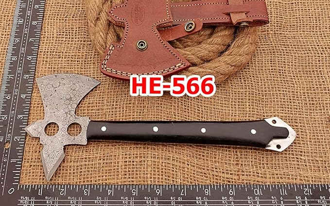 HUNTEX Unique Custom Hand-Forged Rain Drop Pattern Damascus Steel 12 Inch Long Buffalo Horn Handle Full Tang Razor Sharp Hunting Camping Hiking Hiking Axe with Genuine Leather Sheath
