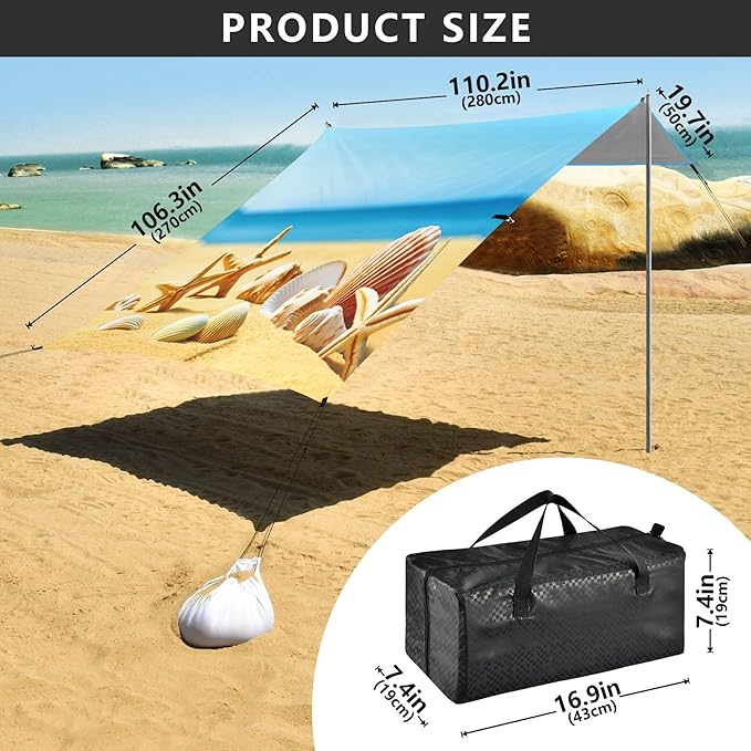Beach Beach Canopy Sun Shelter with Sandbags &amp Sand Shovel &amp Windproof Ropes - Portable 110x126 Beach Shade Beach Tent for Camping Picnics