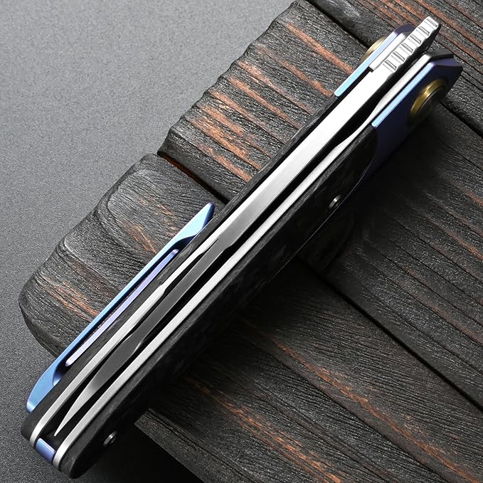 Sitivien ST245 Damascus Steel Folding Knives with Liner Lock Ball BearingTitanium Carbon Fiber Handle EDC Damascus Knife for Men Women(Blue)