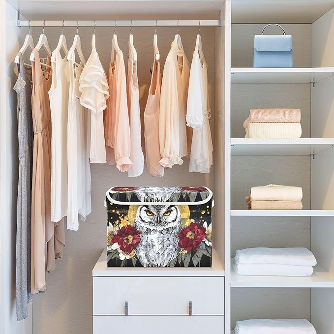 AIXIWAWA Lidded Storage Cube (Floral Owl) Fabric Foldable Closet Bins with Flip Lid and Handles Organizer Basket Container 16.5 x 12.6 x 11.8 IN