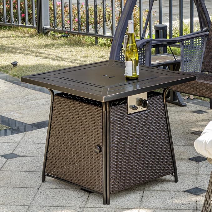 OutVue 28 inch Wicker Propane Fire Pit TableGas Fire Pits Table for Outside50000 BTU Propane Firepit with Lid &ampLava RocksGas Firepit for GardenYard (Brown Rattan)