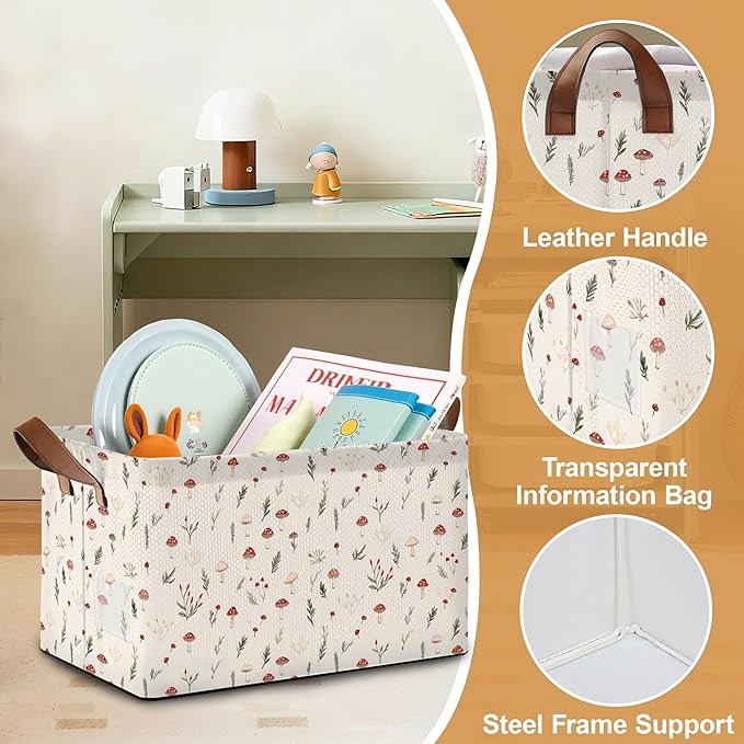 Storage Bin with Handles Little Mushroom Flower Collapsible Laundry Baskets for Books Laundry - Use in Nursery Closet Organizers and Storage Blanket Basket