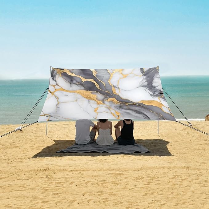 ALAZA Black &amp Gold Marble Modern Beach Tent Sun Shelter UPF50+ Protection Beach Shade Canopy w/ 4 Sandbags for Outdoor Camping Fishing Backyard Fun Picnic 10x9 ft