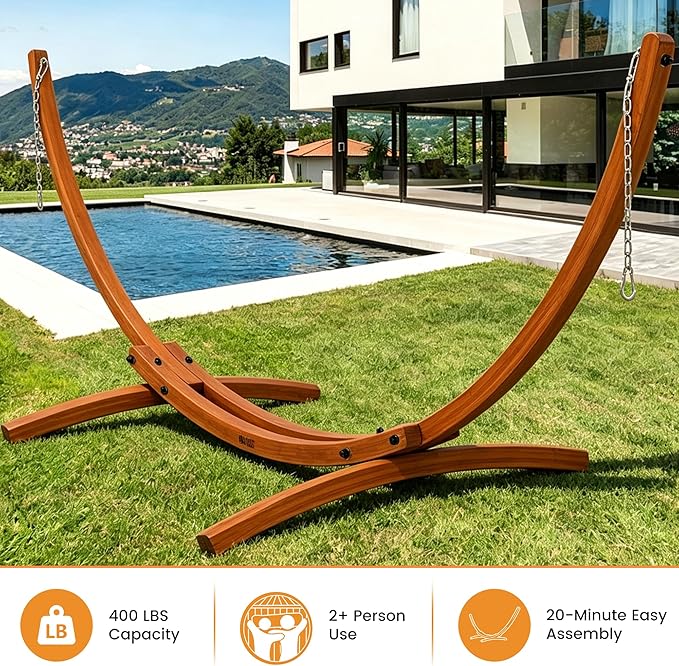 Lazy Daze Hammocks 12 FT Outdoor Arc Wood Hammock Stand 2 Person Hard Pine Wood Hammock Stand with Carabiners and Chains for Outdoor Patio Garden Yard Poolside 400lb Capacity Brown