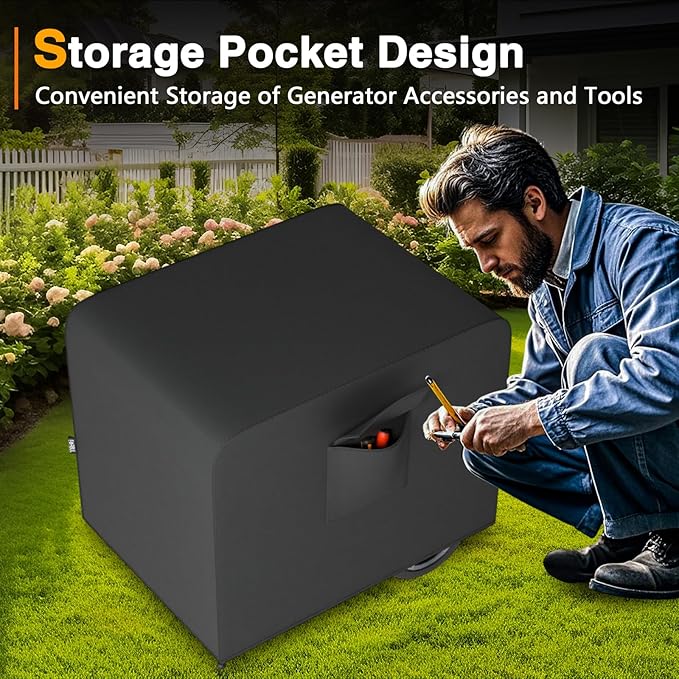 Generator Cover 30”L x 30”W x 26”H Heavy Duty Waterproof 420D All-Weather Generator Cover with Storage Pocket Compatible with Most Generators 6000-11000 Watt (Black)