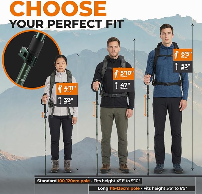 Trekology TREK-Z Collapsible Hiking &amp Trekking Poles - Choose the Perfect Size - 100–120cm (for Height 4’11 to 5’10) - 115–135cm (for Height: 5’5” to 6’5”)