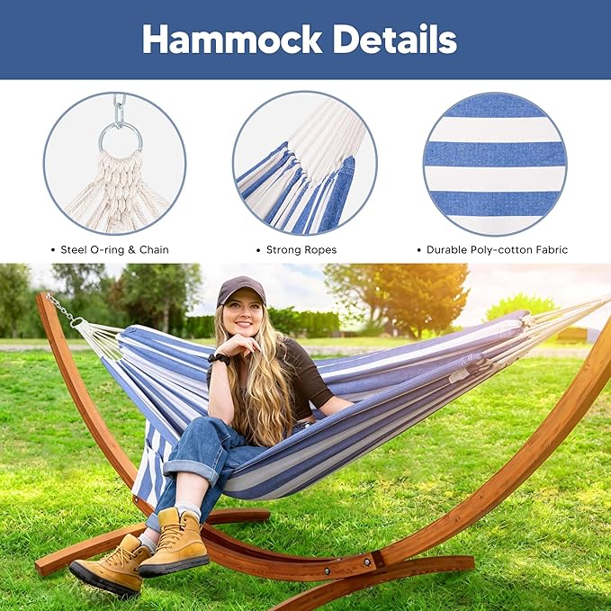 SUNCREAT Hammocks for Outside with Stand Porch Hammock and Stand 475 lbs Capacity Blue &amp White