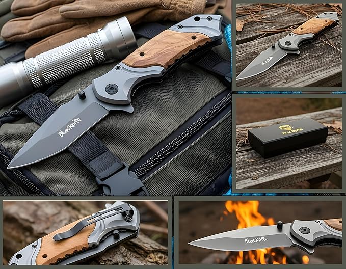 BlacKnife Pocket Knife For Men Folding Pocket Knife with Wooden Handle and Clip – Ideal Knife for Camping Hunting DIY (Happy Anniversary)