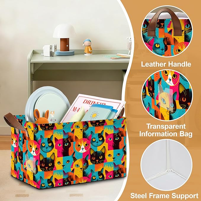 32L Large Storage Bins with Handles Cute Animal Basket Organizer for Shelves Closet Books Laundry &amp Home Decor (Abstract Cat)
