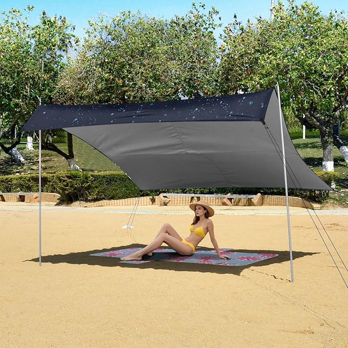 ALAZA Cute Axolotl Stars Beach Tent Sun Shelter UPF50+ Protection Beach Shade Canopy w/ 4 Sandbags for Outdoor Camping Fishing Backyard Fun Picnic 10x9 ft