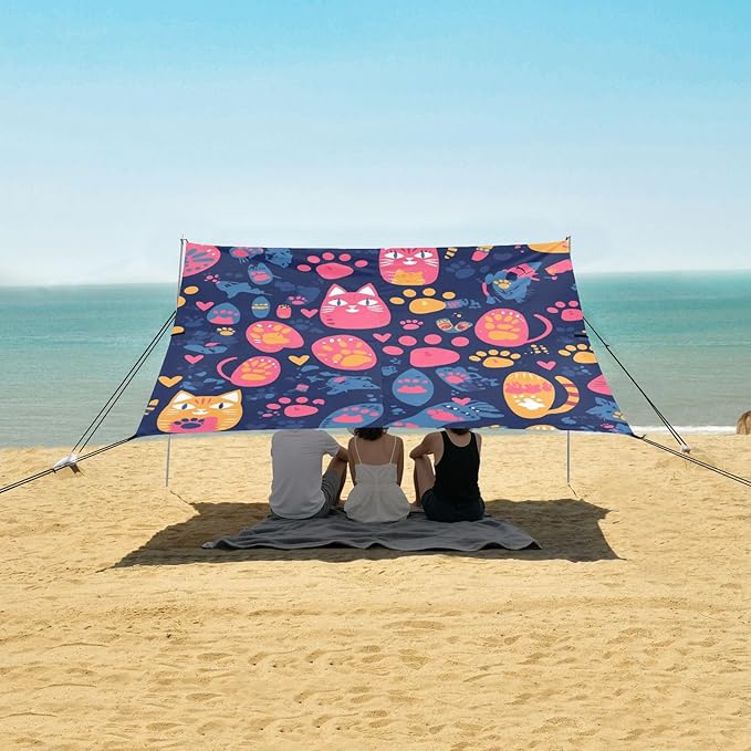 Footprint Cat Beach Canopy UPF50 Easy Setup Large Sun Shelter with Sandbags and Shovel for Camping Picnics Backyard