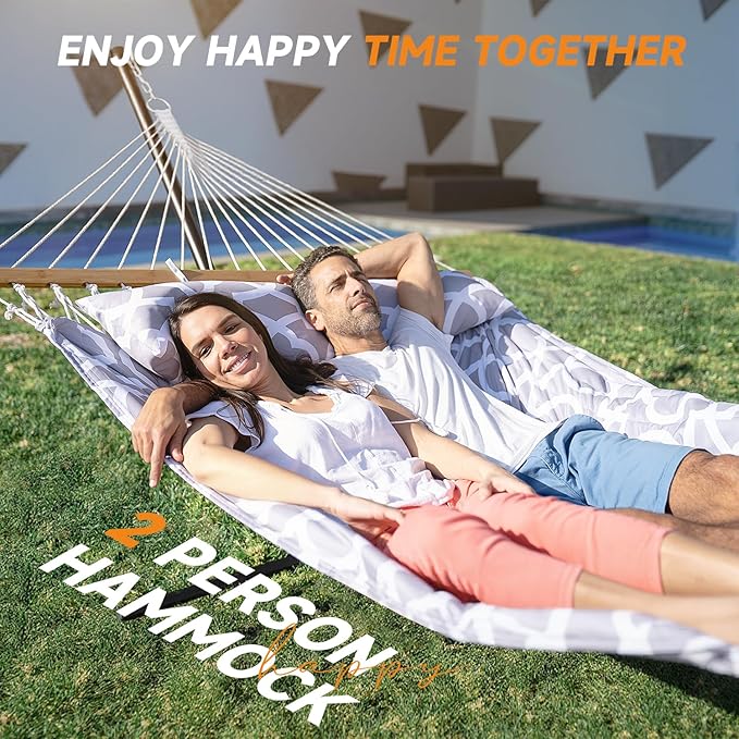 Everyfun 2 Person Outdoor Hammock with Stand Cotton Rope Hammock with Polyester Pad Adjustable Steel Frame Portable with Carrying Bag – for Patio Backyard Garden Beach Cloud-Gray