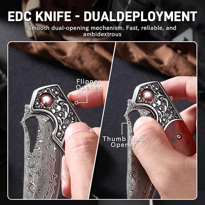 Damascus Pocket Knife for Men Wooden Handle and Sharp Damascus Steel Blade Folding Knives for EDC Camping Hiking Outdoor Collection