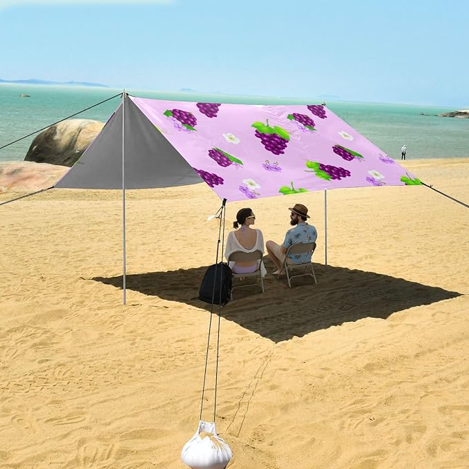 Beach Canopy with Windproof Ropes &amp Sandbags Beach Tent Sun Shade Sun Shelter for Camping Trips Fishing Backyard Fun or Picnics Grape