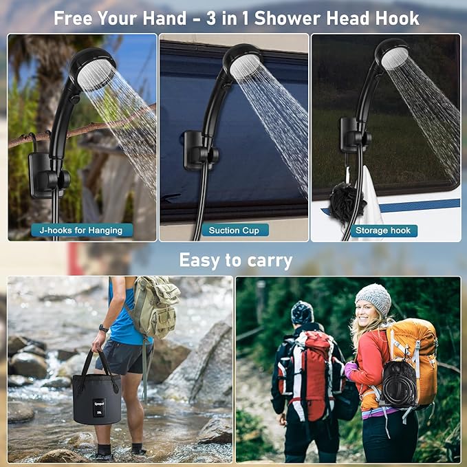 Portable Shower for Camping Rechargeable Camping Shower with Collapsible Bucket with Handle 20L Intelligent LED Display 4 Spray Modes Outdoor Shower Kit for Hiking Travel Car Pet 【Black】
