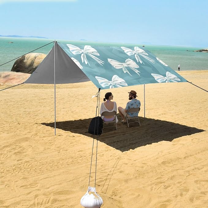 ALAZA White Bow Green Background Pattern Beach Tent Sun Shelter Portable Canopy Sunshade for Outdoor Camping Picnics Backyard Fun 10x9 ft