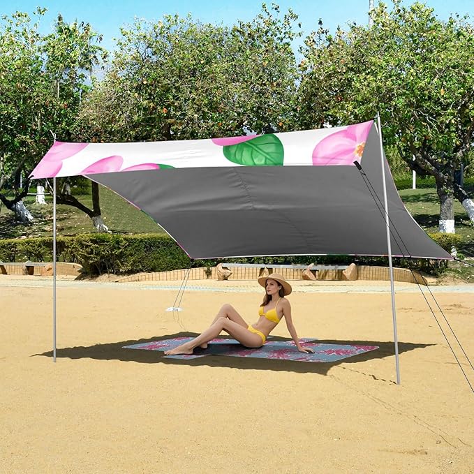 Beach Canopy with Windproof Ropes &amp Sandbags Beach Tent Sun Shade Sun Shelter for Camping Trips Fishing Backyard Fun or Picnics Flowers