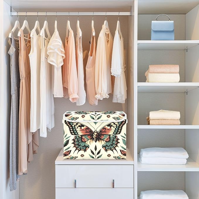 MNSRUU Containers Baskets with Lids Retro Beautiful Butterfly Foldable Storage Bins Organizer with Lid Collapsible Storage Boxes for Home Bedroom Closet Office