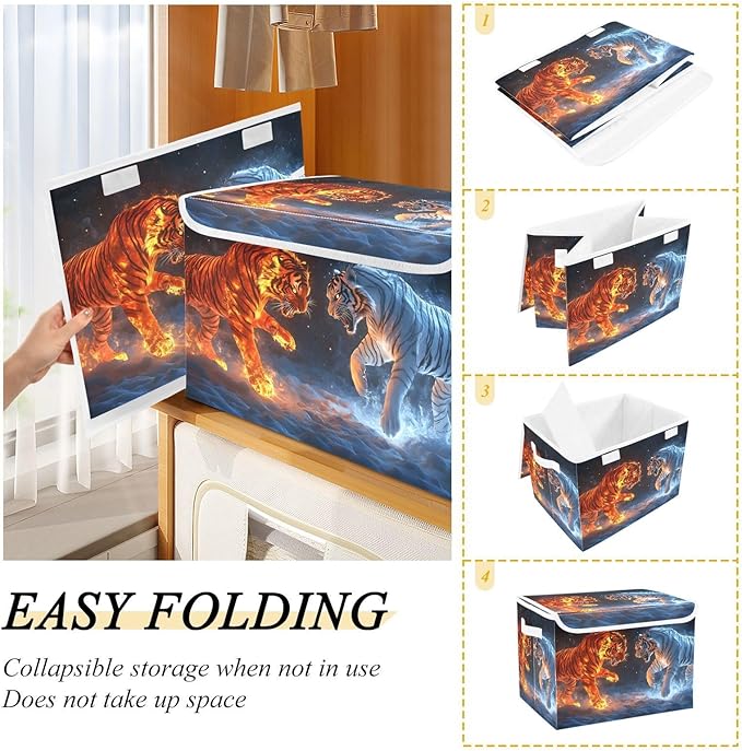 Storage Cube with Lid Animal Ice Fire Print 16.5×12.6×11.8 IN Collapsible Large Capacity Foldable Storage Basket Bin Organizer