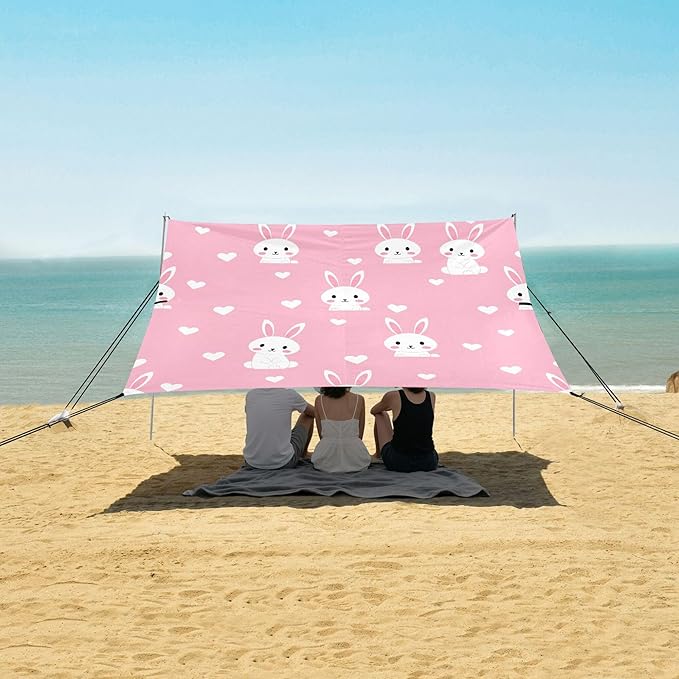 Rabbit Beach Canopy Sun Shelter with Sandbags &amp Sand Shovel &amp Windproof Ropes - Portable 110x126 Beach Shade Beach Tent for Camping Picnics