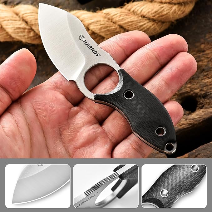 Harnds Small Fixed Blade Knife Full Tang Camping EDC with N690 Steel and Carbon Fiber Handle for Fishing and Skinning Eggplant