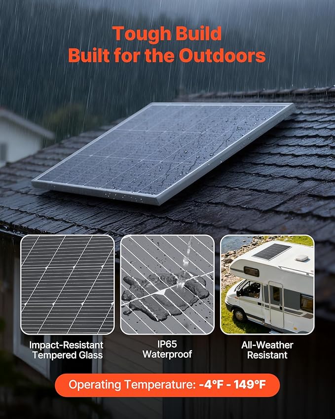 VEVOR 200W Monocrystalline Solar Panel 23% High-Efficiency Mono PV Module with Stable MC4 Output &amp Aluminum Frame IP65 Waterproof Solar Panel for Car Boat RV Flat Rooftop Off-Grid Applications