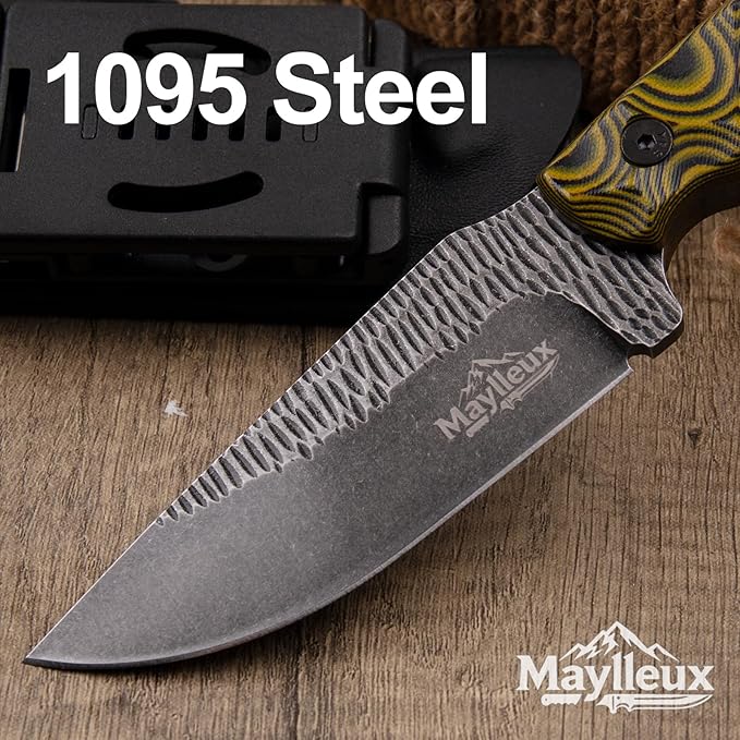 Fixed Blade Knife with Sheath 1095 Steel Outdoor Survival Hunting Tools Camping G10 Handle EDC (Yellow Style 1)