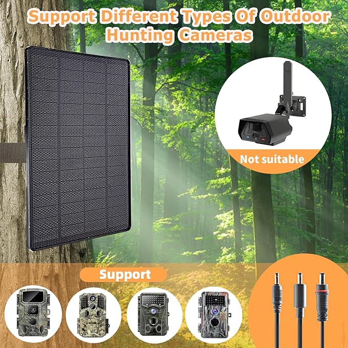 6W Solar Panel for Trail Cameras 6V/9V/12V Solar Battery Charger Kit Built-in 6000mAh Rechargeable Battery Trail Camera Solar Panel IP65 Waterproof Hunting Accessories 5ft Cable
