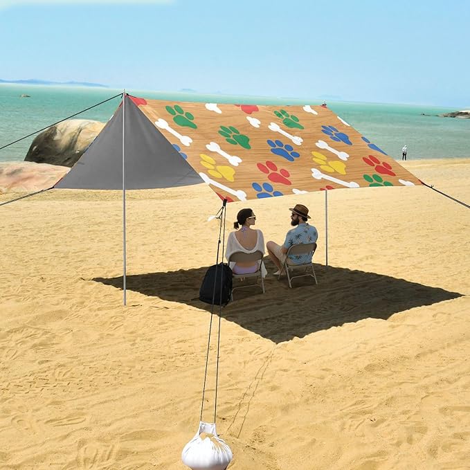 xigua Paw Print Beach Tent Sun Shelter with Carrying Bag - Silver Coated Oxford Fabric Beach Canopy for Beach Camping Fishing - Includes Windproof Ropes Sandbags &amp Stakes