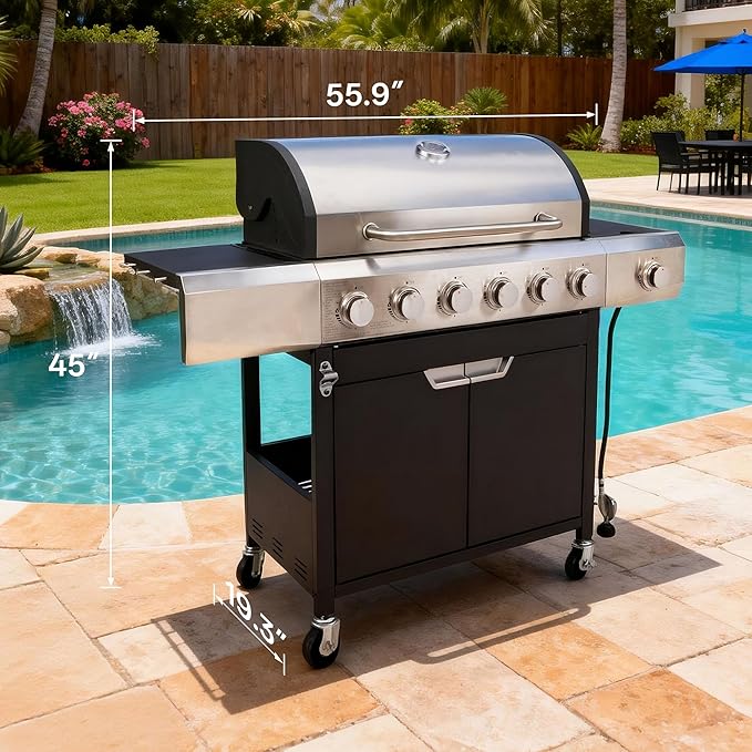 Endark 6-Burner 68500 BTU Propane Gas Grill with Side Burner Stainless Steel &amp Porcelain Grates Wheeled BBQ Grill for Patio Garden Backyard Outdoor Cooking