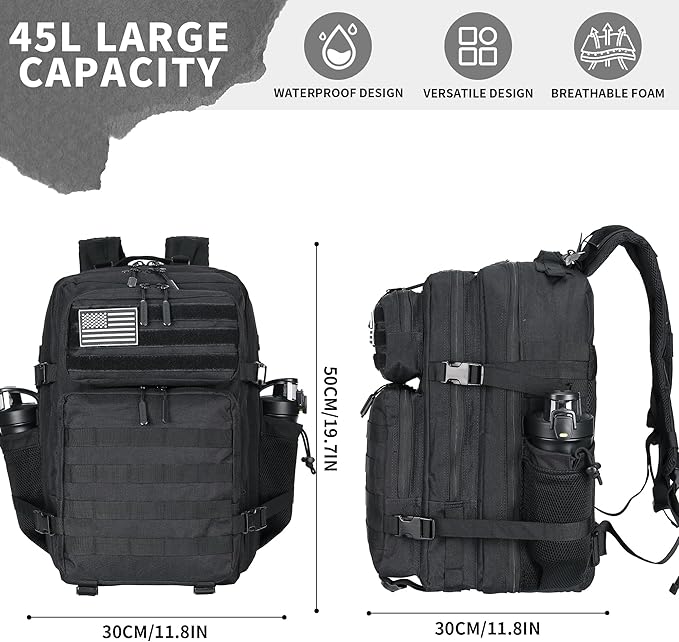 45L Military Tactical Backpacks 3 Days Assault Pack Bag Fitness Rucksack 3 Day Bug Out Bag Hiking Treeking Molle Daypack (Black)