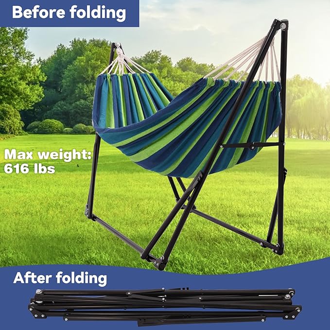 Hammock with Foldable Steel StandFrabic Tension Adjustable IndoorCarrying Bag Included 616 lbs Weight Capacity Portable Suitable for Outside Garden Yard Outdoor Inhouse Cyan