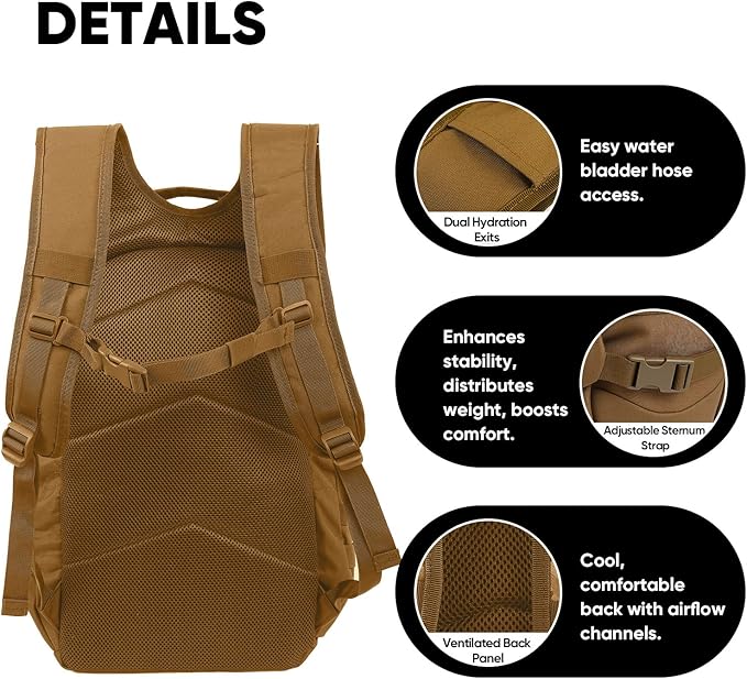 35L Tactical Backpack for Men MOLLE Military Bug Out Bag Waterproof Rucksack for Hiking with Hydration Port Tan
