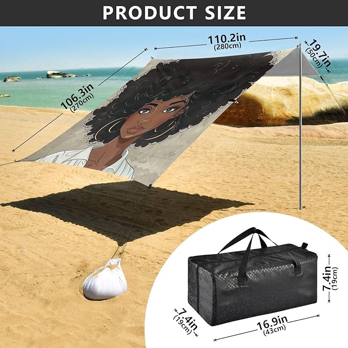 ALAZA Beautiful Black Afro Woman Beach Tent Sun Shelter Portable Canopy Sunshade for Outdoor Camping Picnics Backyard Fun 10x9 ft