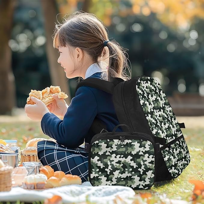 Backpack for Men Green Camouflage School Bag with Lunch Bag Lightweight Bookbag with Detachable Lunchbox for Travel Outdoor Casual Daypack