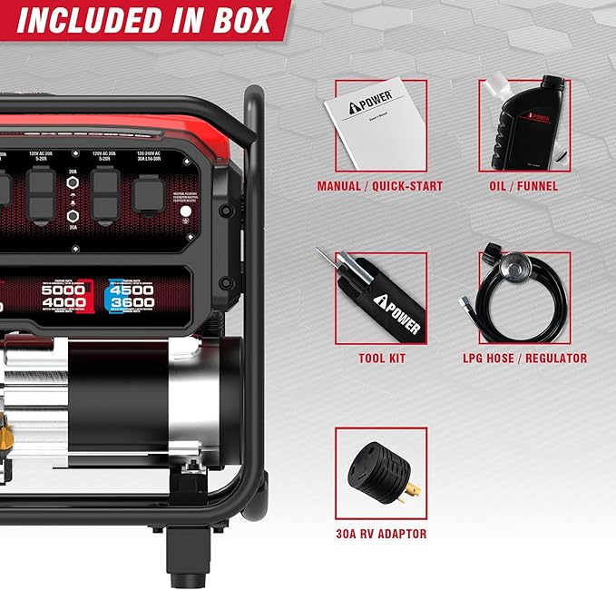 A-iPower 5000-Watt Portable Generator Gas &amp Propane CO Sensor Shutdown Heavy Duty Generators with 223cc OHV Engine For Jobsite RV Home Backup Emergency (GXS5000D)