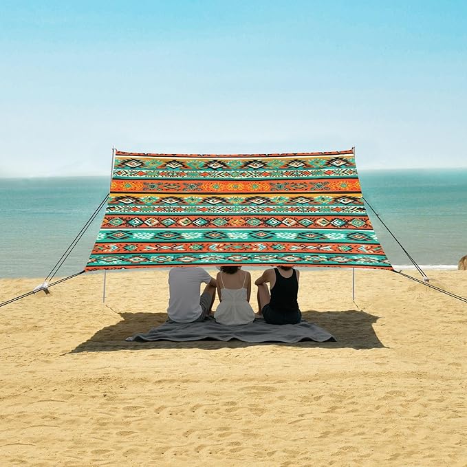xigua Boho Tribal Aztec Beach Tent Sun Shelter with Carrying Bag - Silver Coated Oxford Fabric Beach Canopy for Beach Camping Fishing - Includes Windproof Ropes Sandbags &amp Stakes