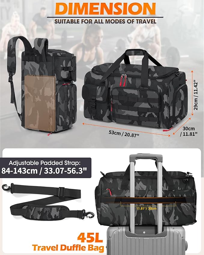 RAINSMORE Gym Bag for Men 45L Sports Travel Duffel Bag with Shoe &amp Laptop Compartment Gym Workout Backpack Carry On Weekender Bag Overnight Backpack for Travel Black Camo