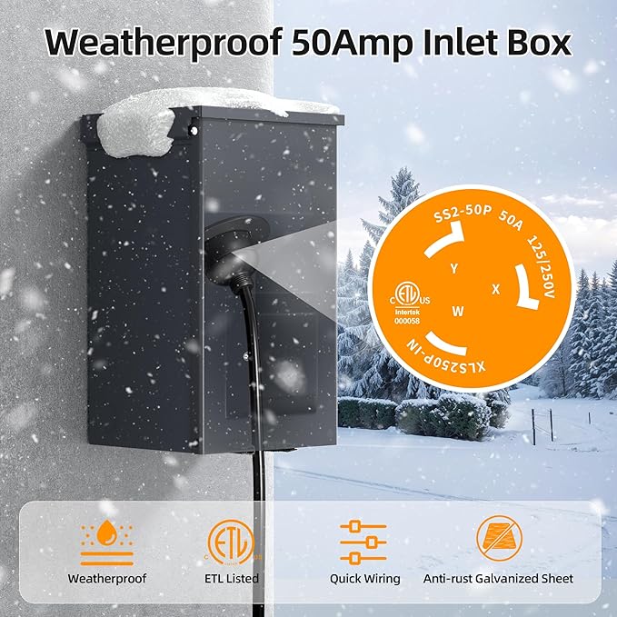 Joinfworld 50 Amp Generator Inlet Box NEMA SS2-50P 125/250V 12500W Weatherproof Outdoor Receptacle Emergency-Ready Industrial Grade