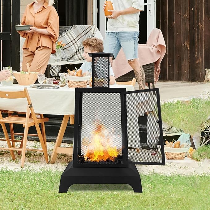 Walsport Chiminea Outdoor Fireplace 43 Inch Wood Burning Fire Pit with Grill Grate and Spark Screen Cover Outdoor Fire Pit for Patio Backyard Deck Porch and Camping Black