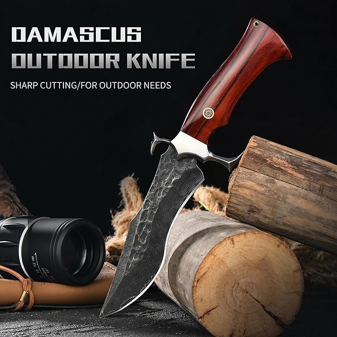 10.2 Fixed Blade Outdoor Hunting Knife Damascus Pattern 9Cr18 Stainless Steel Forged Blade with Hammered Finish Ergonomic Wood Handle &amp Embossed Leather Sheath Ideal for Camping Survival &amp