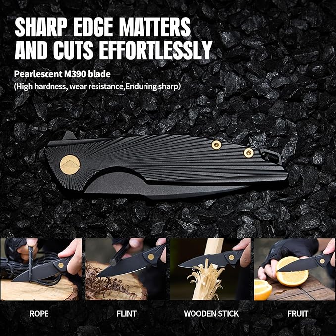 Folding Knife Pocket Knife EDC Knife with Clip Survival Knife Hunting Knife - M390 Steel Titanium Handle - Outdoor Hunting Survival Camping Knife with Sheath (Black)
