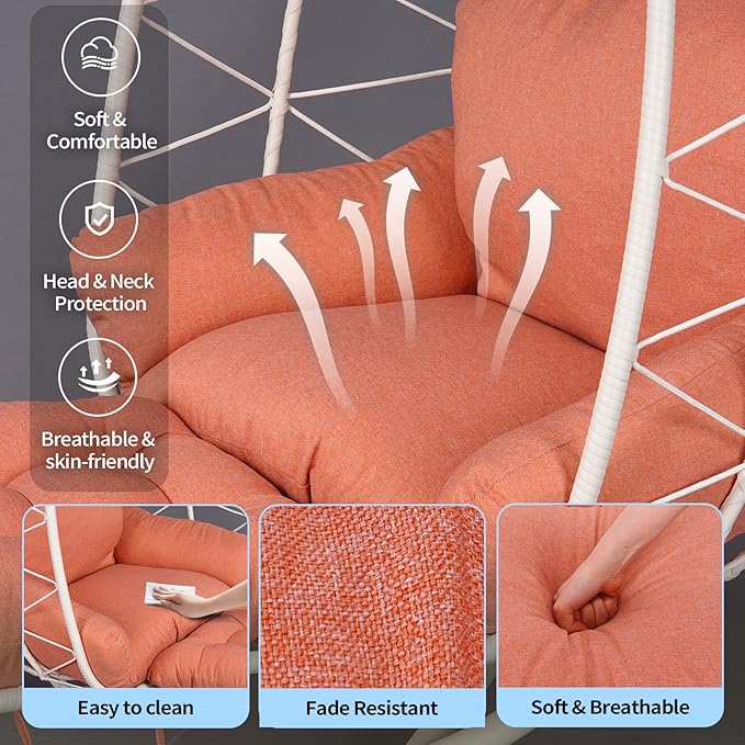 Hanging Egg Chair with Stand Outdoor Indoor Patio Rattan Swing Hammock Chairs with Washable Cushion PE Wicker Swing Chair for Backyard Bedroom Garden (White + Orange Red Cushion with Footrest)