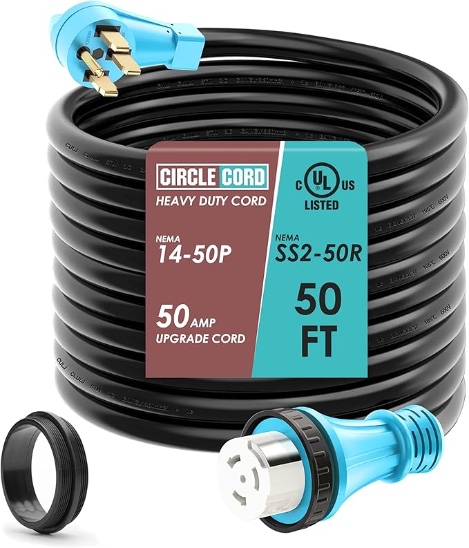 CircleCord UL Listed 50 Amp 50 Feet RV/Generator Cord with Locking Connector Heavy Duty 6/3+8/1 Gauge STW Wire 14-50P Male and SS2-50R Twist Locking Female for RV Camper and Generator to House