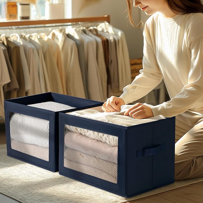 Homsorout Organizing Bins with Lid - 4 Pack Foldable Clear Window Storage Bins Large Storage Boxes with Handles Storage Containers for Clothes Towel Blanket Sheet Navy Blue