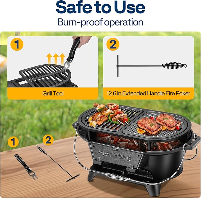 VIVOHOME Oval Cast Iron Grill with Interchangeable Grates &amp Griddle 2 Furnace Doors for Heat Control Includes Gloves Poker and UV-Resistant Cover