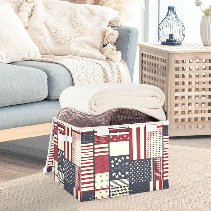 Collapsible Storage Bins with Lids Decorative Fabric Storage Cubes Closet Organizer and Storage Basket Boxes Containers for Clothes Box Chest Nursery Folding Rectangle July 4th Textile Flag