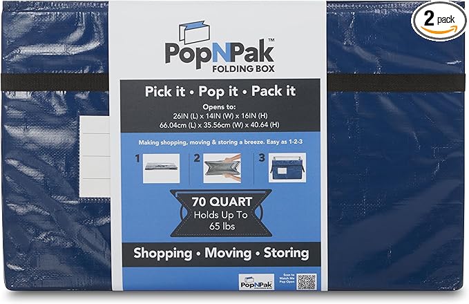 2 - Pack Pop N Pak Collapsible Storage Box Black 70 Quart Capacity 26x14x16 Inches Folding Design Holds up to 65lbs Water resistant Reusable Container (Navy)